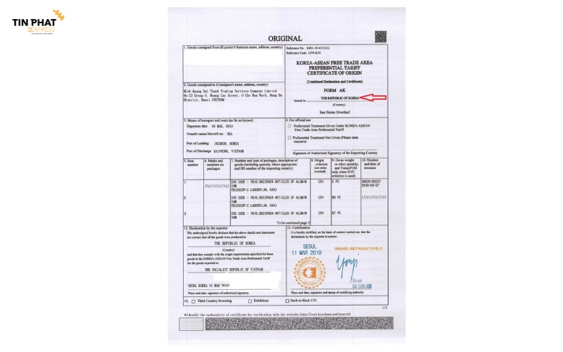 Mẫu giấy chứng nhận xuất xứ (C/O).