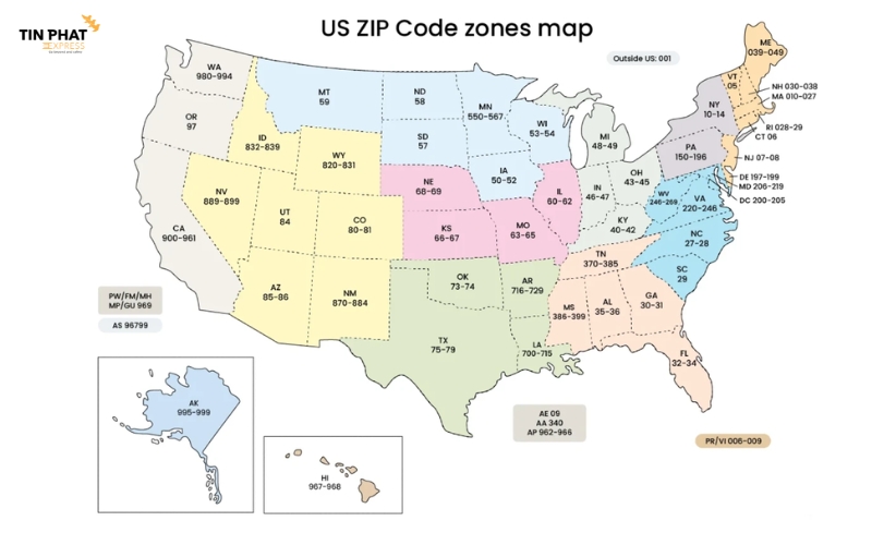 Phân chia mã ZIP theo 10 khu vực địa lý chính của Hoa Kỳ