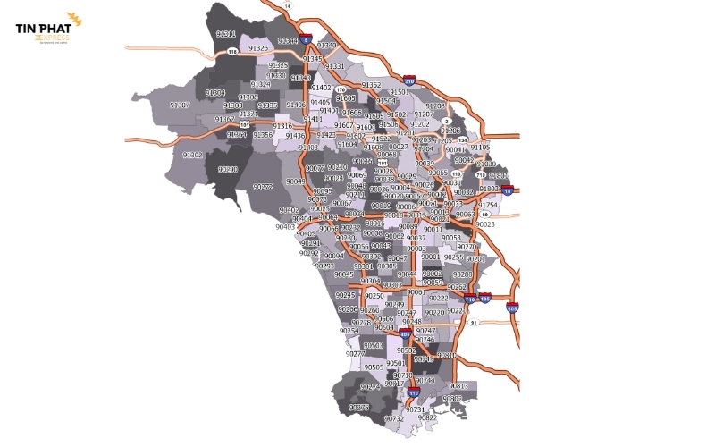 Phân chia mã ZIP theo các khu vực chính của Los Angeles