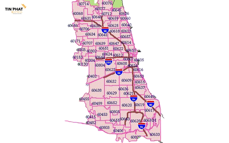 Phân chia mã ZIP theo các khu vực chính của Chicago
